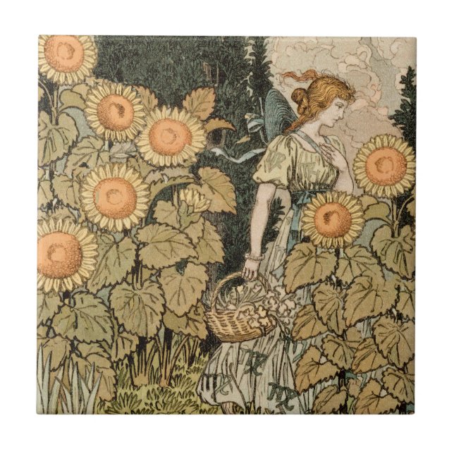 Solros Art nouveau Garden Grasset Woman Kakelplatta (Framsidan)