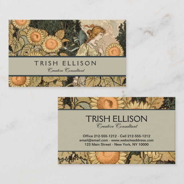 Solros Art nouveau Garden Grasset Woman Visitkort (Fram/baksida)