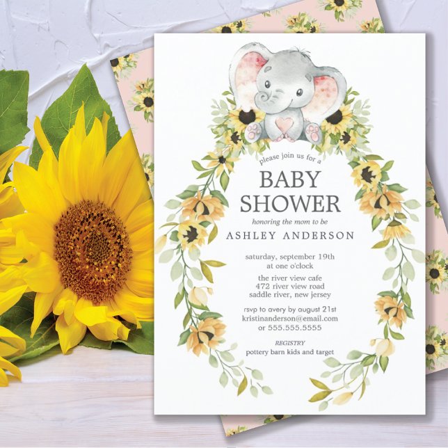 Solros & Baby Elephant Girls Baby Shower Inbjudningar (Skapare uppladdad)