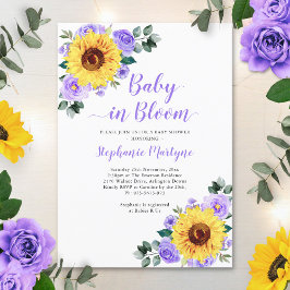 Solros Baby i Blommigten Bloom Lila Baby Shower Inbjudningar