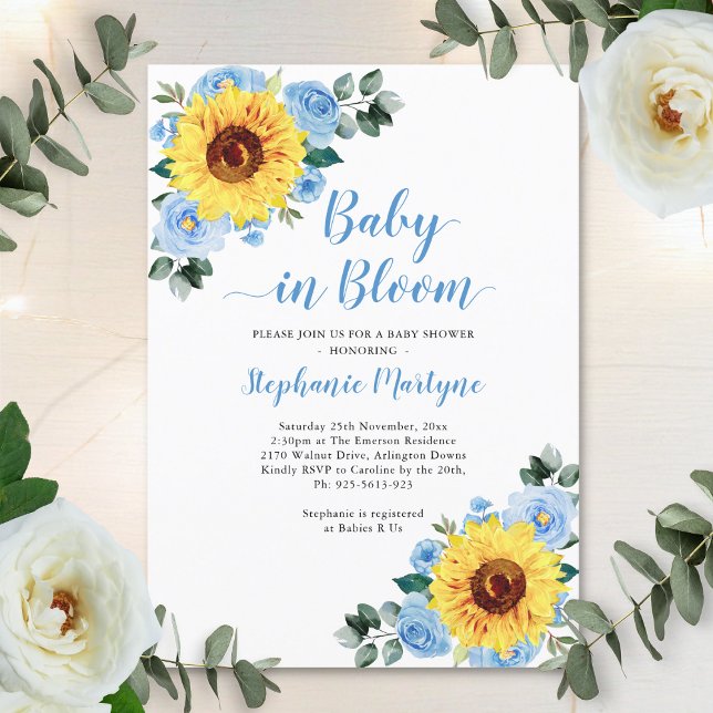 Solros Baby i Bum Dusty Blue Baby Shower Inbjudningar (Skapare uppladdad)