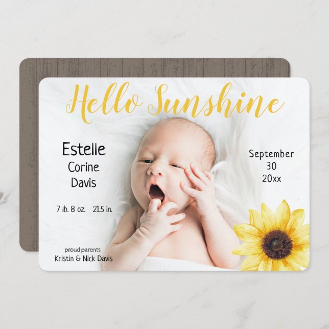 Solros Baby Rustic Photo Birth Announcement Inbjudningar (Fram/baksida)