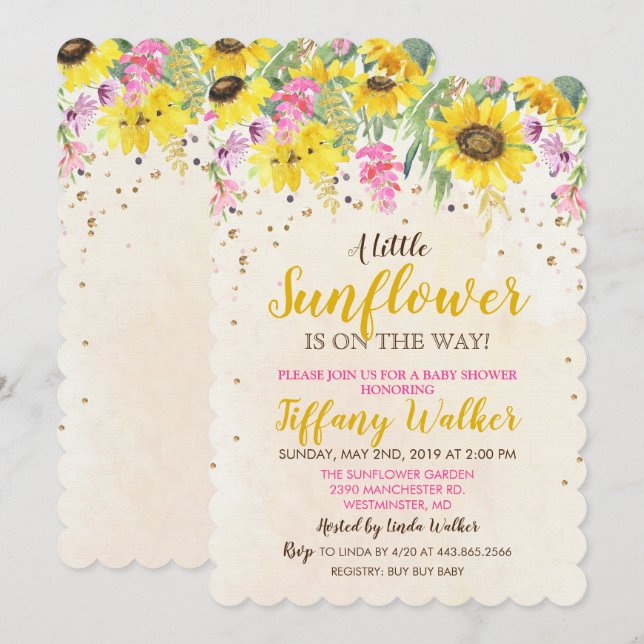 Solros Baby Shower Inbjudan (Fram/baksida)