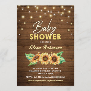 Solros Baby Shower Rustik Trä Höst Sommar Inbjudningar