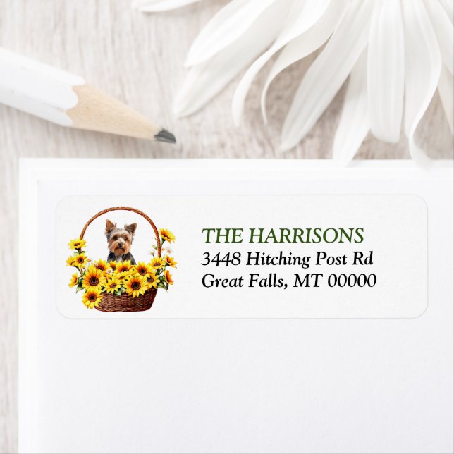 Solros Basket Yorkshire Terrier Hund Returadress Etikett (Insitu)