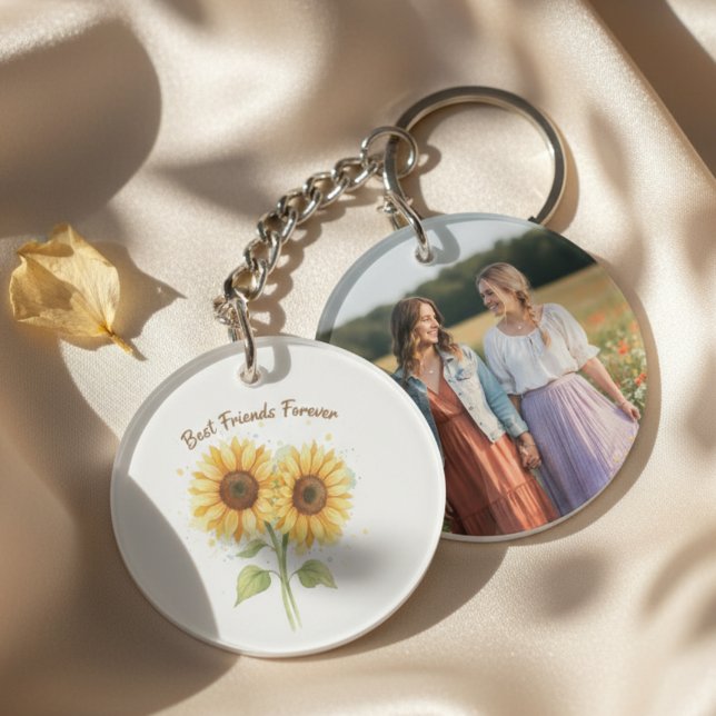 Solros Bästa Vänner Foto – Minnessgåva (Best friend sunflower photo keychain)
