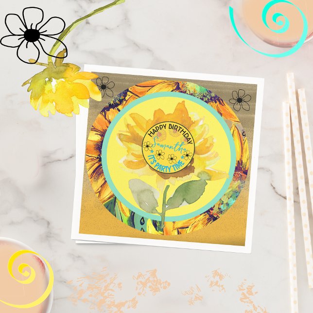 Solros Birthday Girl Gult Black Pappersservett (Sunflower Birthday Girl Yellow Black Napkins)