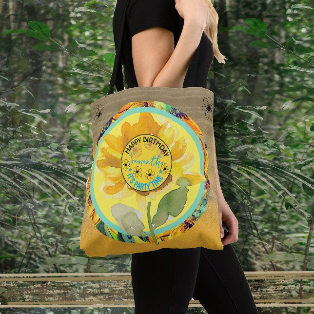 Solros Birthday Girl Gult Black Tygkasse (Sunflower Birthday Girl Yellow Black Tote Bag)