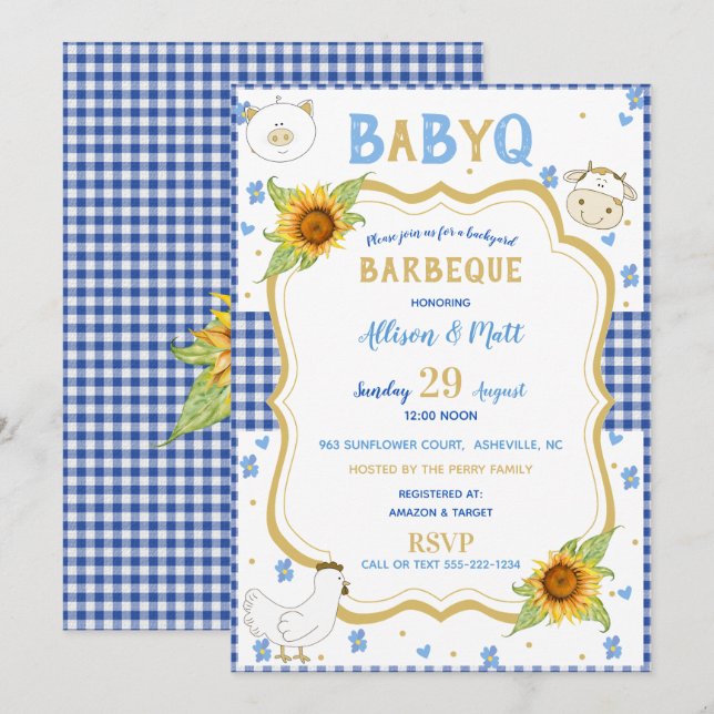 Solros Blå Rutig Baby Q Grillfest Inbjudningar (Fram/baksida)