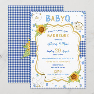 Solros Blå Rutig Baby Q Grillfest Inbjudningar