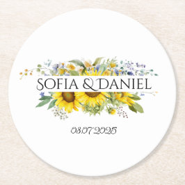 Solros blå vildblomma bröllop vitt underlägg papper rund