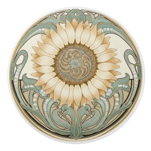 Solros Blomma Grön Kräm Guld Art Deco Nouveau Knopp