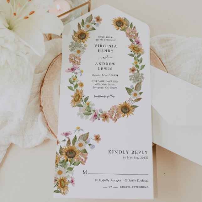 Solros Blommig Bröllop (Elegant Wildflower Sunflower Floral Wedding All In One Invitation by Painted Paperie
)