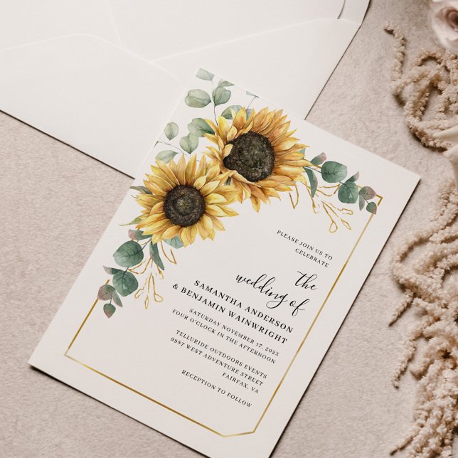 Solros Blommig Eukalyptus Bröllop Inbjudningar (Floral Sunflower Eucalyptus Watercolor Wedding Invitation)