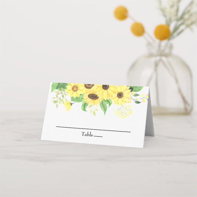Solros Blommig Rustik Elegant Bröllop Placeringskort (Framsida)