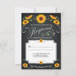 Solros Blommig Svart Taffel Bröllop RSVP OSA Kort