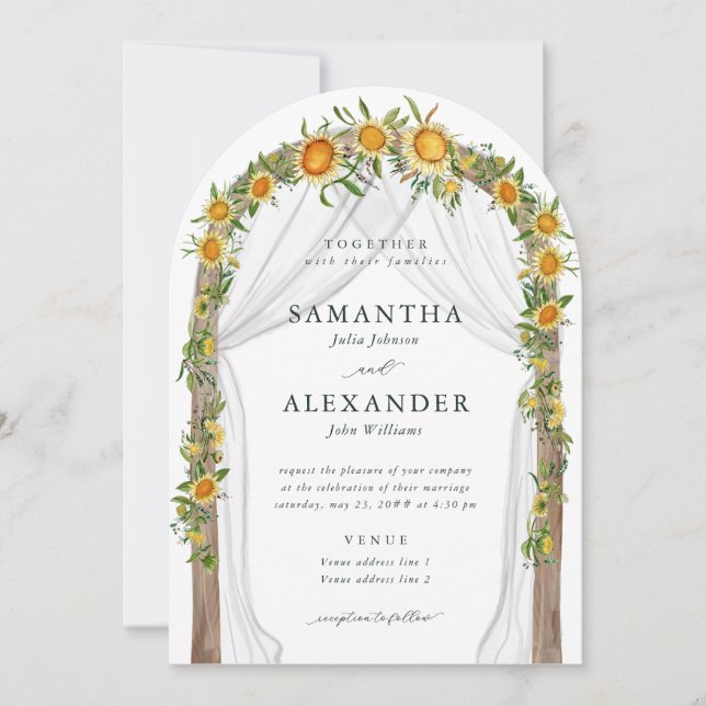 Solros Blommigt Arch Summer Fall Boho Bröllop Inbjudningar (Framsida)