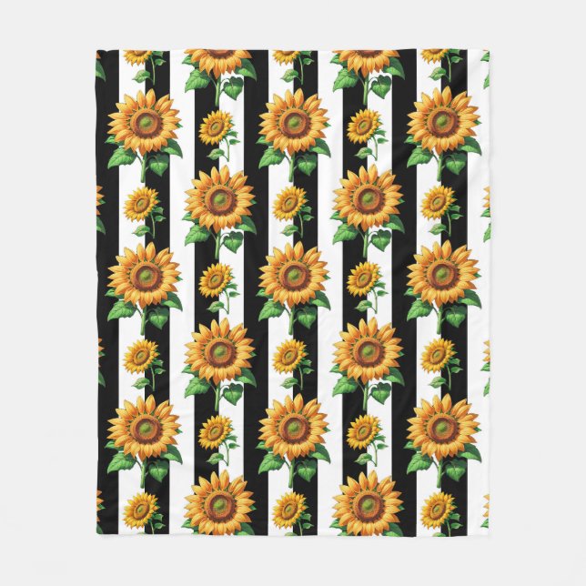 Solros Blommigt Black White Rand Fleecefilt (Framsidan)