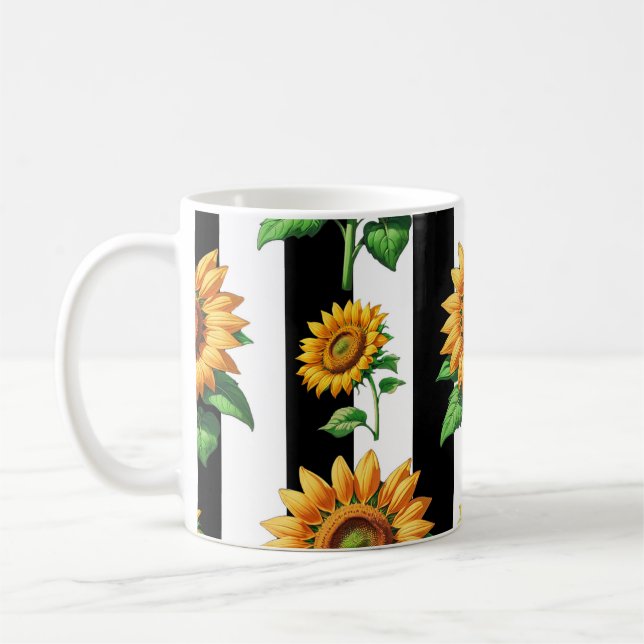 Solros Blommigt Black White Rand Kaffemugg (Vänster)