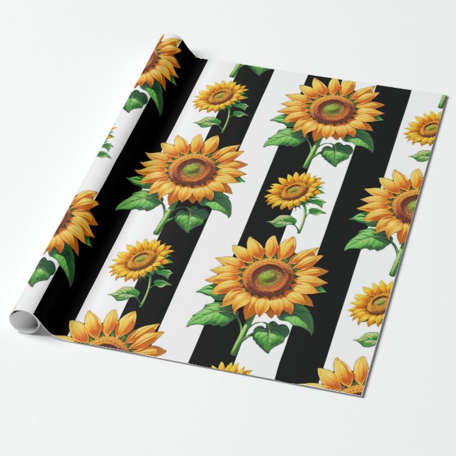 Solros Blommigt Black White Rand Presentpapper (Utrullad)