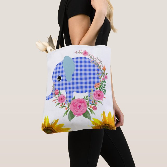 Solros Blommigt Blue Elephant Tote Bag Tygkasse (Närbild)