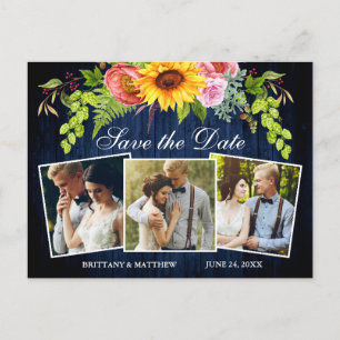 Solros Blommigt Blue Wood 3 Photo Save Date Vykort