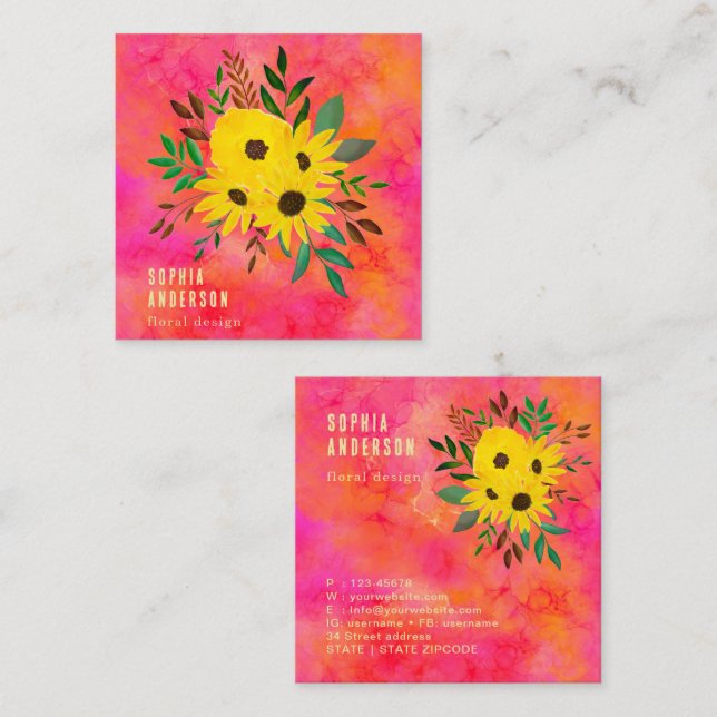 Solros Blommigt Bouquet - Rosa Watercolor Art Fyrkantigt Visitkort (Fram/baksida)