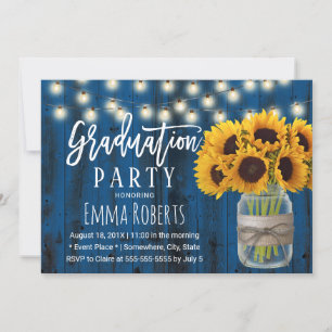 Solros Blommigt Burk Rustic Navy Barn Studenten Inbjudningar