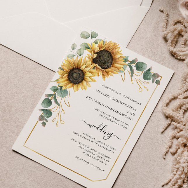 Solros Blommigt Eucalyptus Bröllop Inbjudningar (Sunflower Floral Eucalyptus Wedding Script Watercolor Invitation)