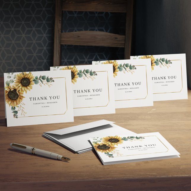 Solros Blommigt Eucalyptus Bröllop Tack Kort (Floral Sunflower Greenery Watercolor Wedding Thank You Folded Card)