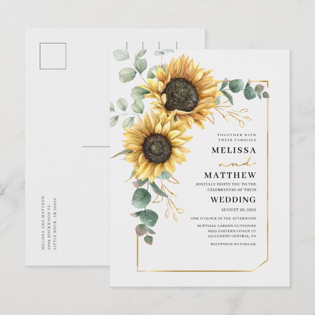 Solros Blommigt Eucalyptus Geometric Guld Ram Inbjudan Vykort (Fram/baksida)