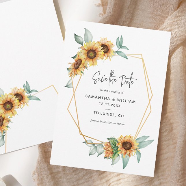 Solros Blommigt Eucalyptus Geometric Spara Datumet (Sunflower Floral Eucalyptus Geometric Save The Date)