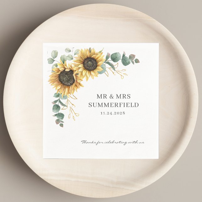 Solros Blommigt Eucalyptus Greenery Bröllop Papper Pappersservett (Sunflower Floral Eucalyptus Greenery Wedding Paper Napkins)