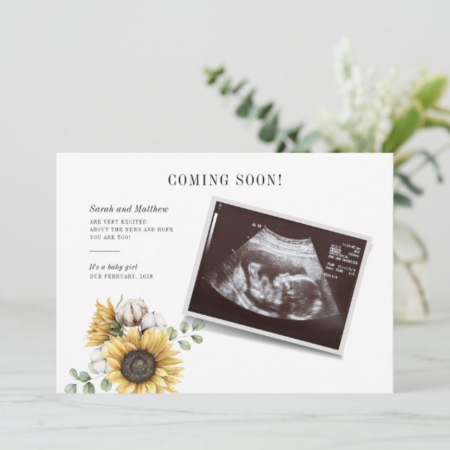 Solros Blommigt Eucalyptus Sonogram Baby Reveal Meddelande (Stående Fram)