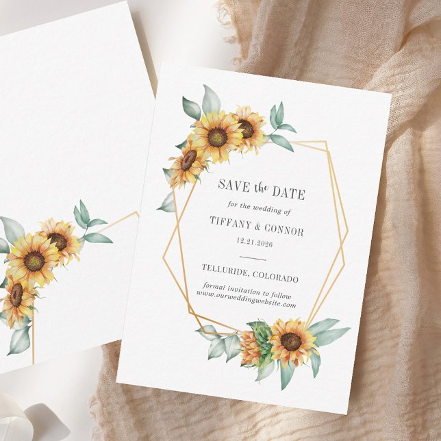 Solros Blommigt Guld Geometric Save the Date Anteckningskort (Sunflower Floral Gold Geometric Save The Date Note Card)