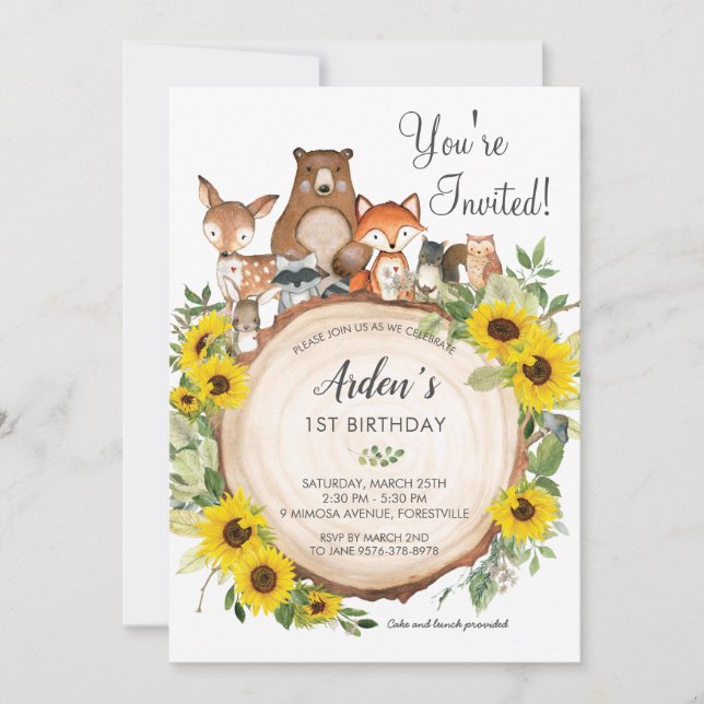 Solros Blommigt Woodland Animals Birthday Inbjudningar (Framsida)