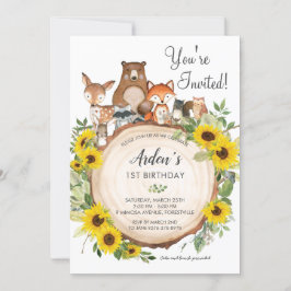 Solros Blommigt Woodland Animals Birthday Inbjudningar