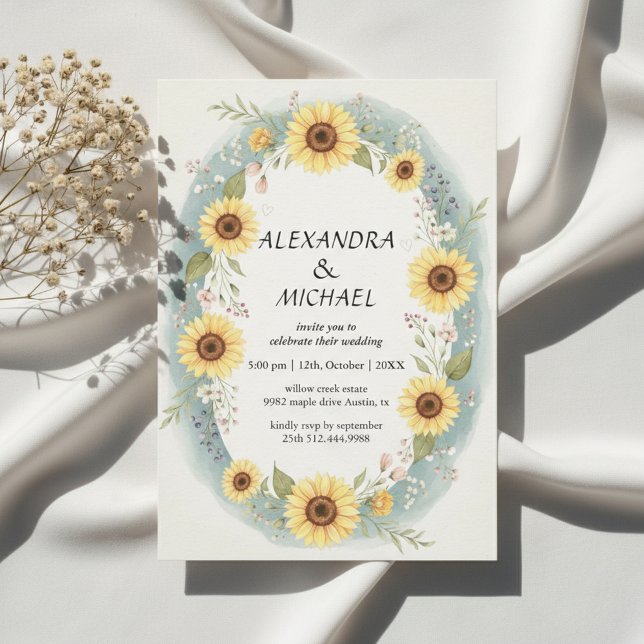 Solros blomvattenfärg Bröllopsinbjudan Inbjudningar (Sunflower Floral Watercolor Wedding Invite)