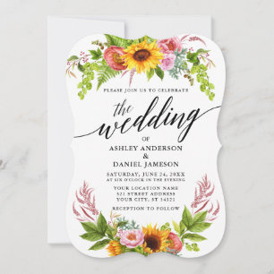 Solros Boho Blommigt Calligraphy Bröllop Inbjudningar