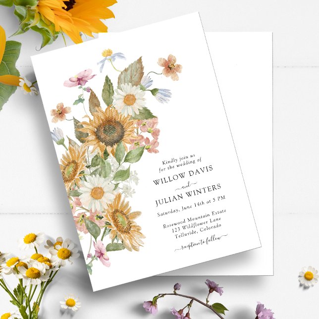 Solros Botanisk Bröllopsinbjudan Inbjudningar (Elegant Sunflower Wildflower Botanical Wedding Invitation by Painted Paperie
)