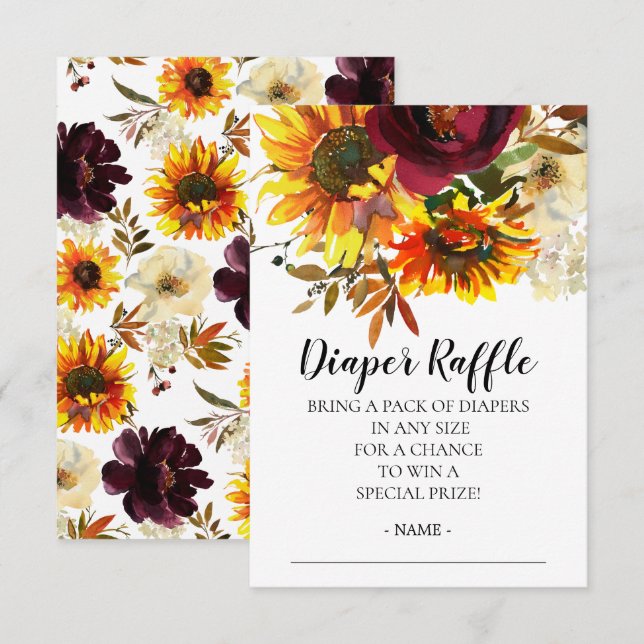 Solros Bouquet Baby Shower Diaper Raffle Biljett Inbjudningar (Fram/baksida)