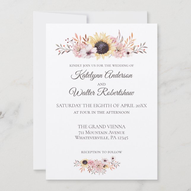 Solros Bouquet Land Stil Bröllop Inbjudningar (Framsida)