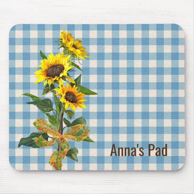 Solros Bouquet på Blue Gingham Mouse Pad Musmatta (Framsidan)