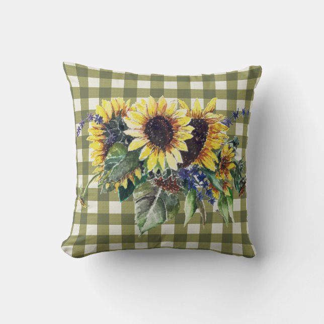 Solros Bouquet på Grönt Gingham Kudde (Framsida)