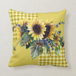 Solros Bouquet på Gult Gingham Mönster Kudde