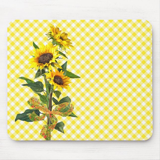 Solros Bouquet på Gult Gingham Mouse Pad Musmatta (Framsidan)