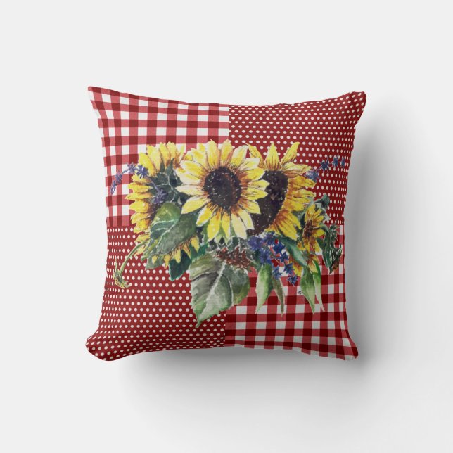 Solros Bouquet på Red Gingham Mönster Kudde (Framsida)