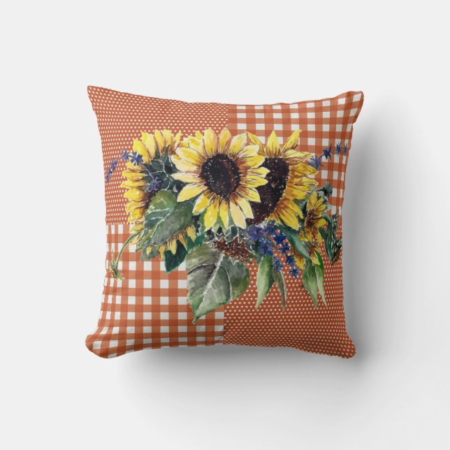Solros Bouquet vid bränd Orange Gingham Mönster Kudde (Framsida)