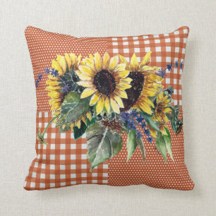Solros Bouquet vid bränd Orange Gingham Mönster Kudde