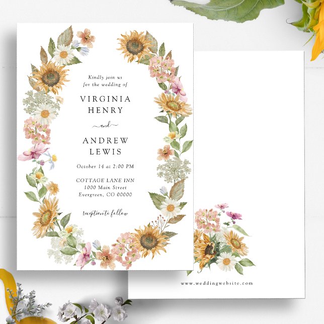 Solros Bröllop Inbjudningar (Elegant Sunflower Wildflower Watercolor Wreath Wedding Invitation by Painted Paperie)